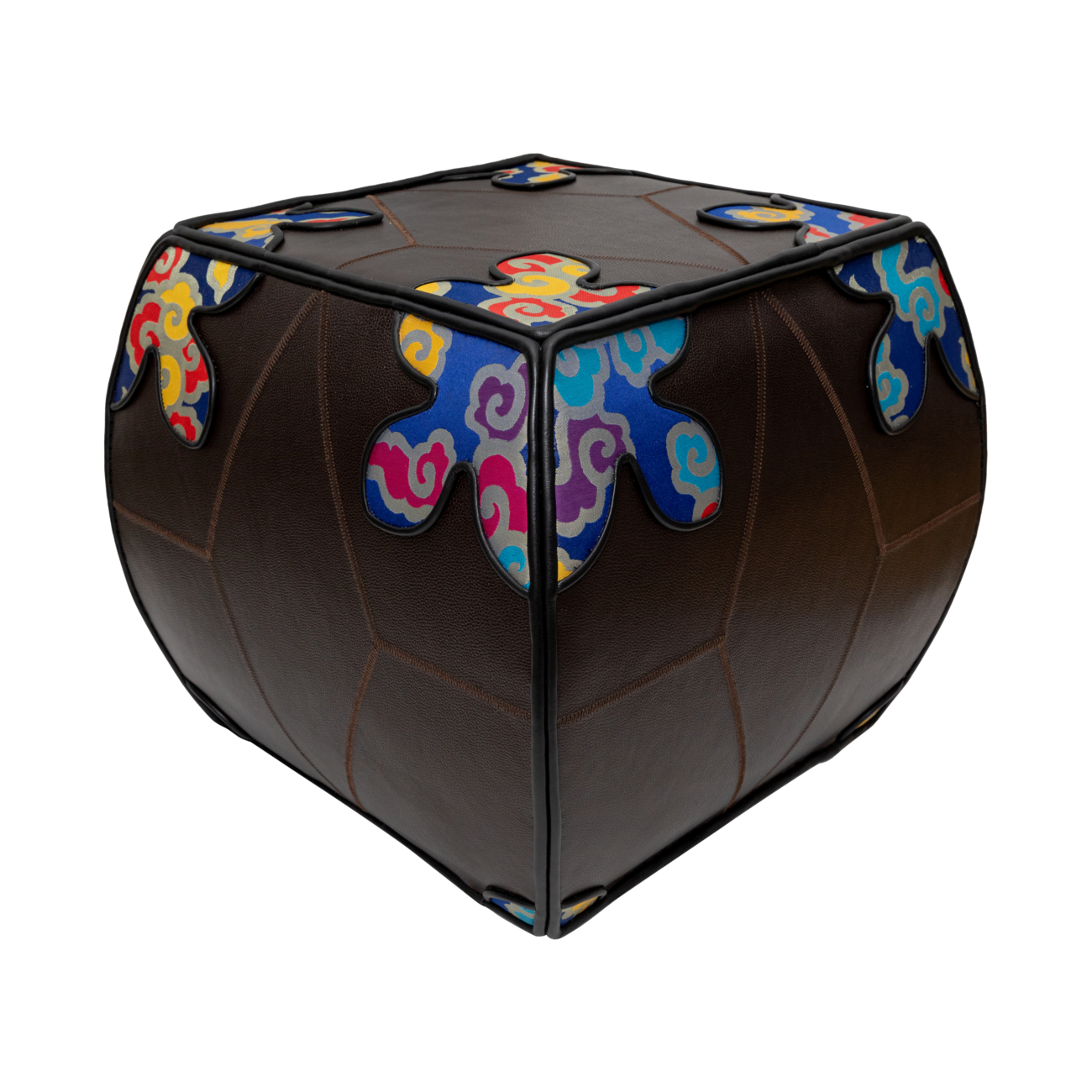 Cow Leather Pouffe with Chinese Silk Brocade - Size L