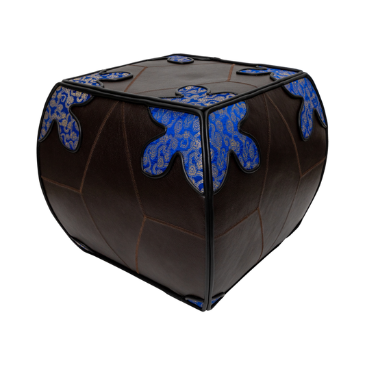 Cow Leather Pouffe with Chinese Silk Brocade - Size L