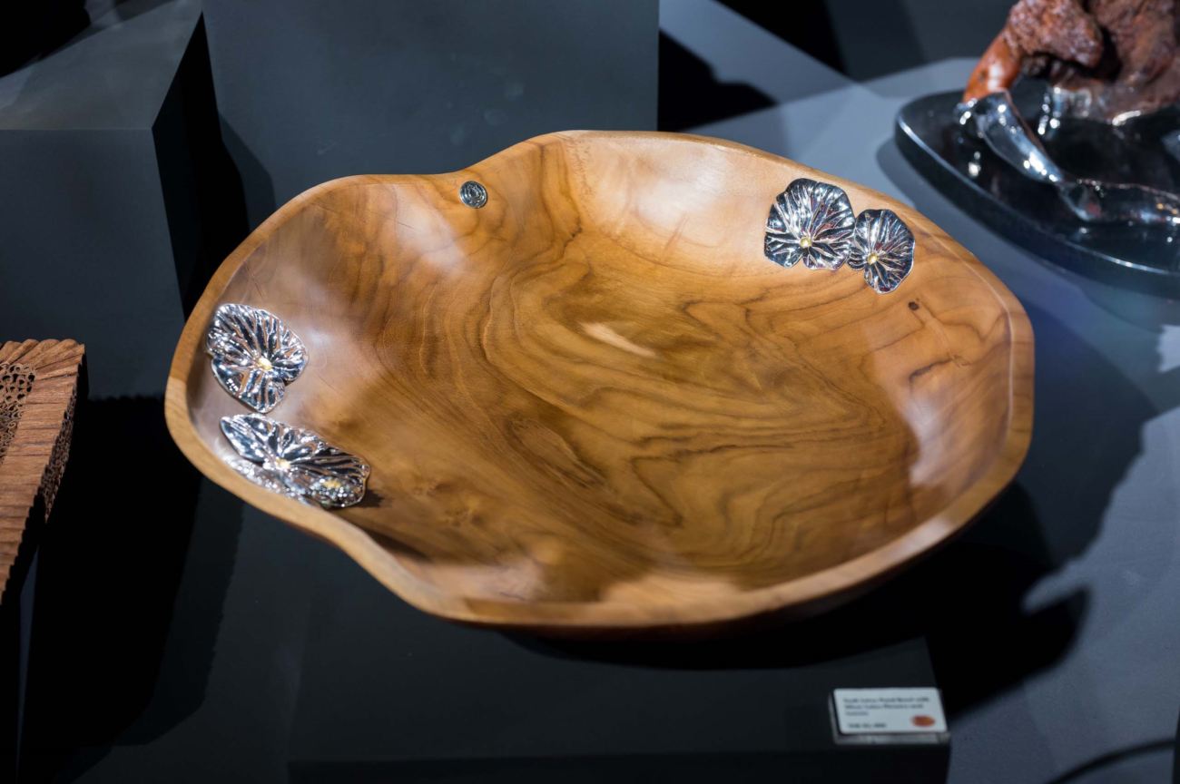 Teak Lotus Pond Bowl with Silver Lotus Flowers and Leaves