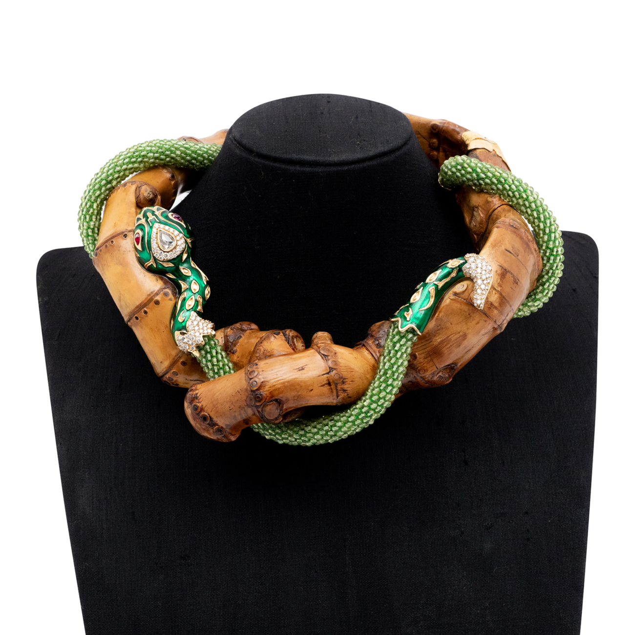 Bamboo Necklace with 14K Green Enamel Snake