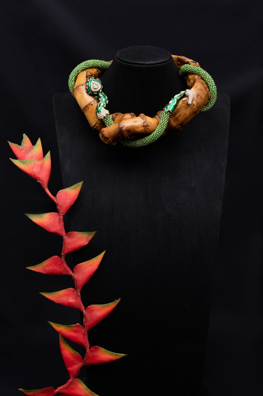 Bamboo Necklace with 14K Green Enamel Snake