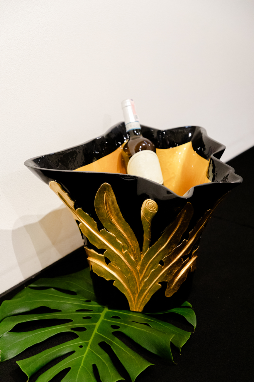 Carved Teak Champagne Bucket with Copper and Goldleaf
