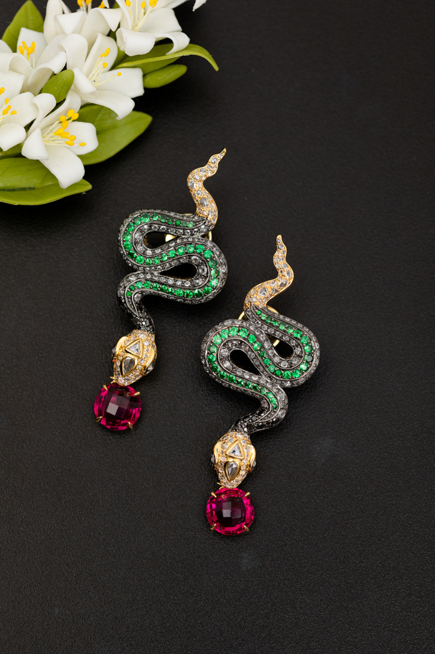 Wiggling Snake Earrings with Diamond, Tsavorites and Rubellites