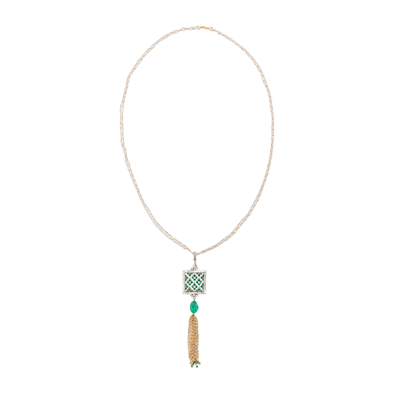 Framed Emerald Flower Necklace with Basra Pearl & Diamond
