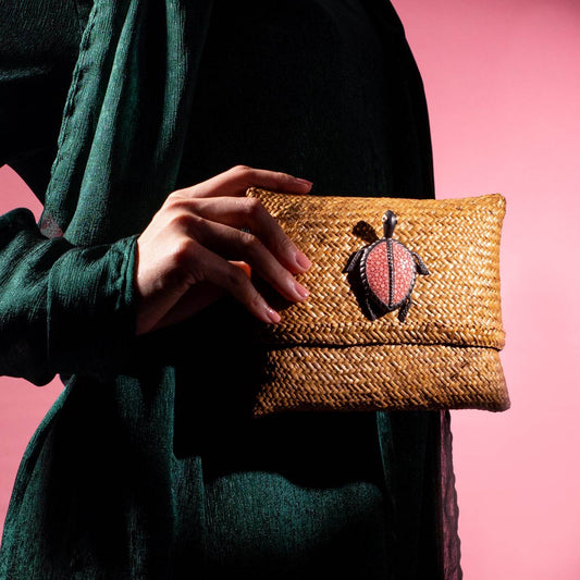 Tropical Woven Handbag with Pink Galuchat & Silver Turtle