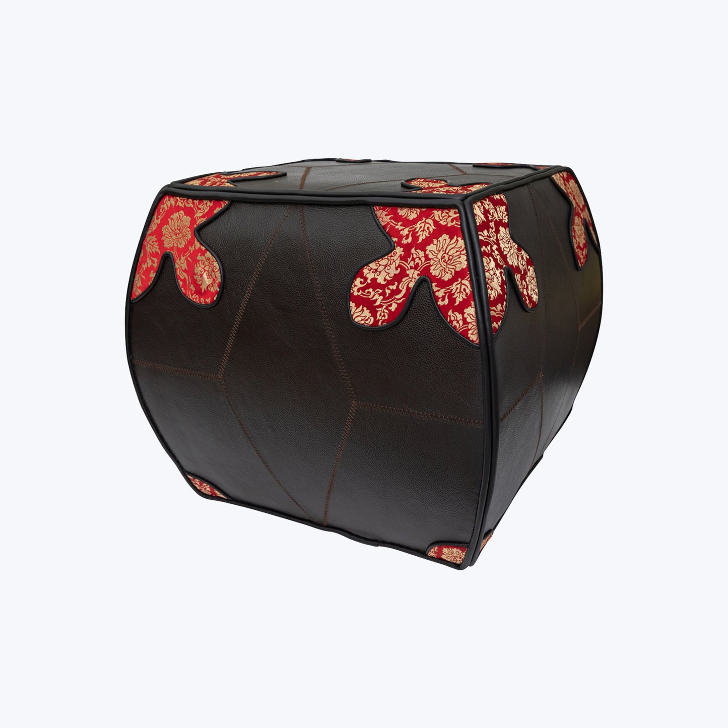 Brown Cow Leather Pouffe (stool) with Chinese SilK Brocade - Size - Large