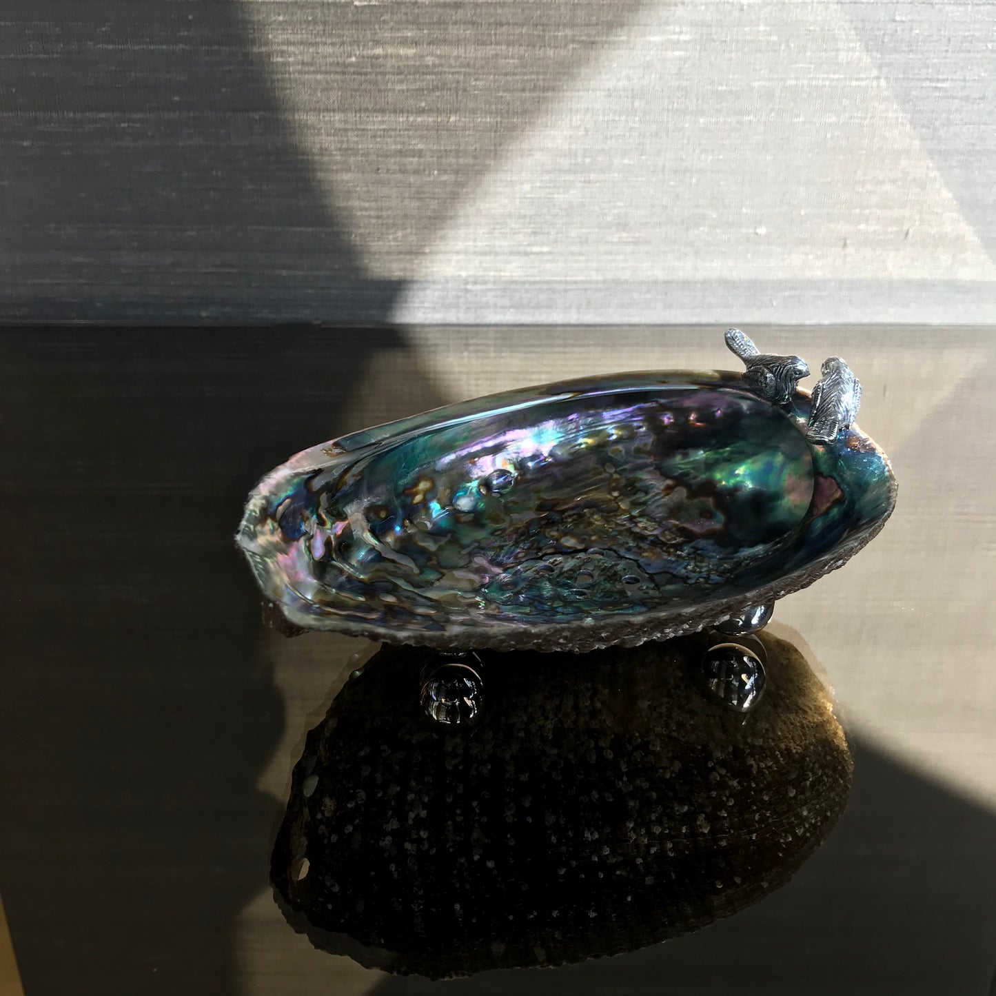 Abalone Shell Bowl with Silver Birds