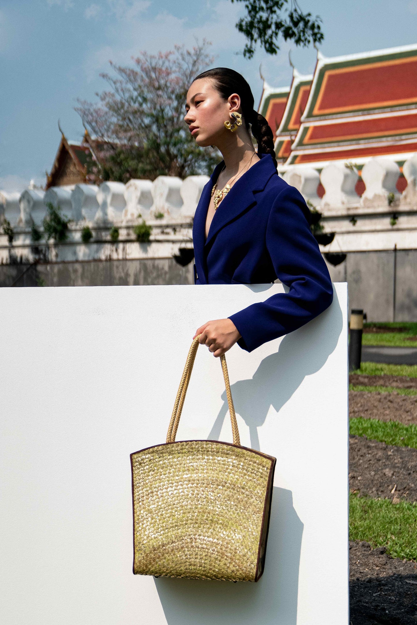Green woven Lontar Shopping Bag