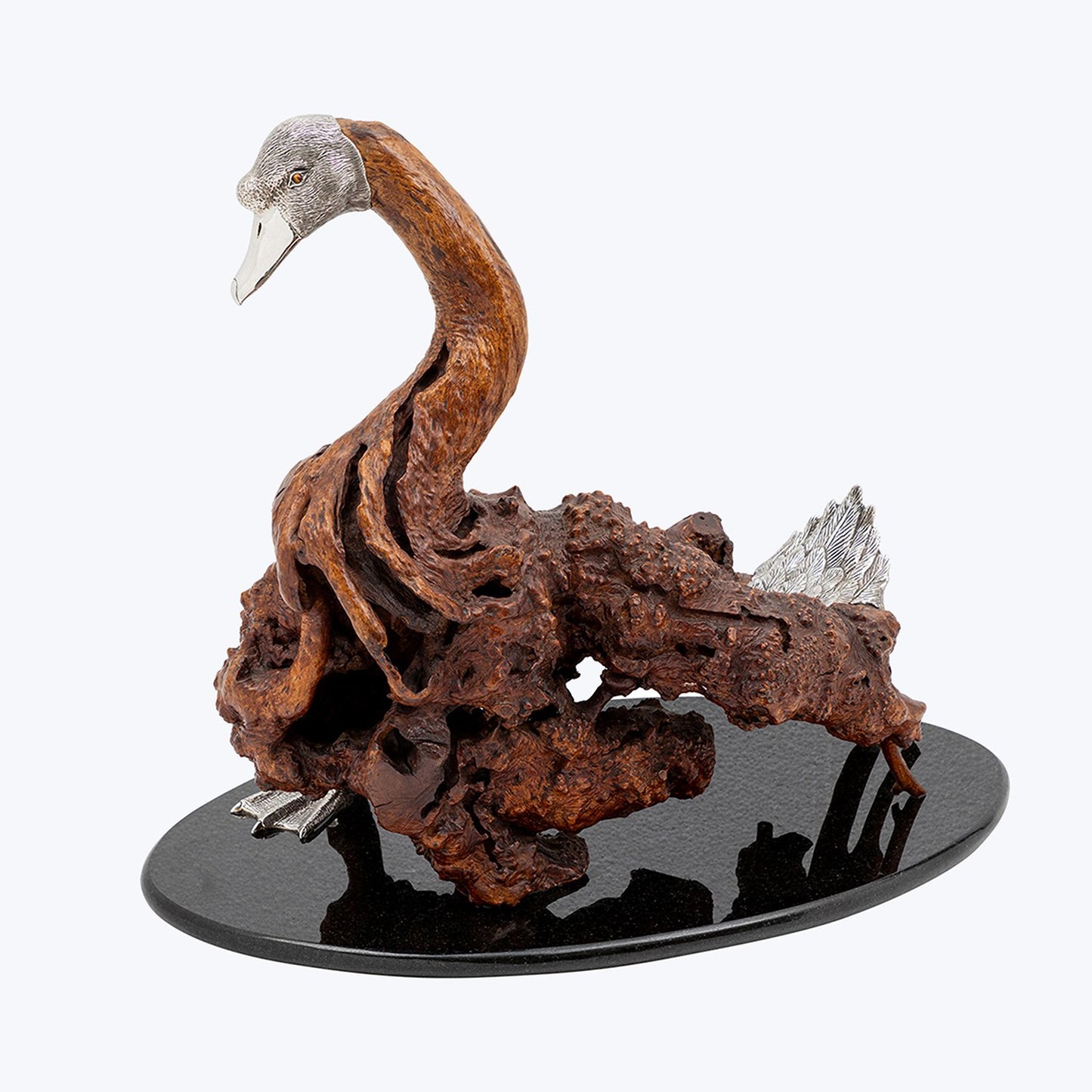Keyaki Wood Swan Sculpture with Sterling Silver