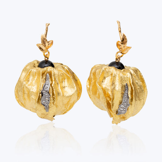 Cape Gooseberry Earrings with Diamonds & Black Agate