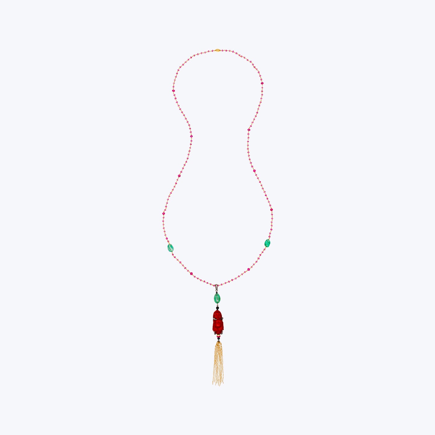 Red Lacquer Happy Monk Necklace with Emerald & Ruby