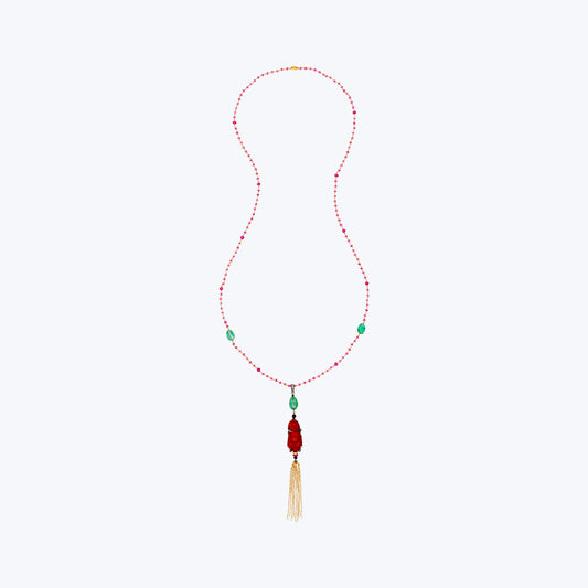 Red Lacquer Happy Monk Necklace with Emerald & Ruby