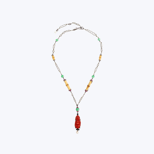 Red Lacquer Happy Monk Necklace with Jade & Bamboo