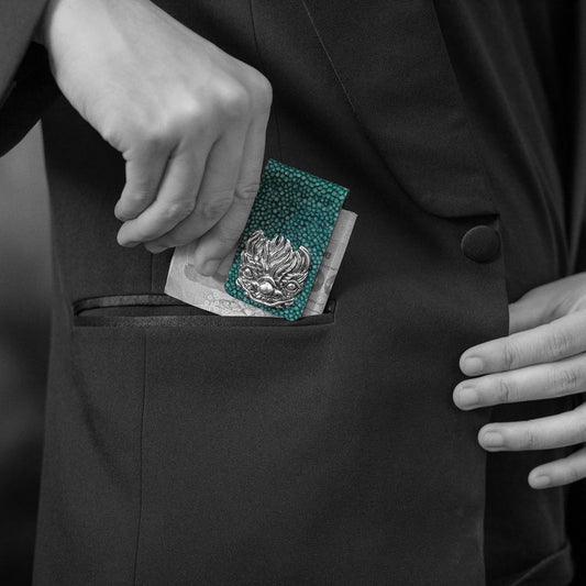 Man holding Galuchat Leather Money Clip with Dragon Fish
