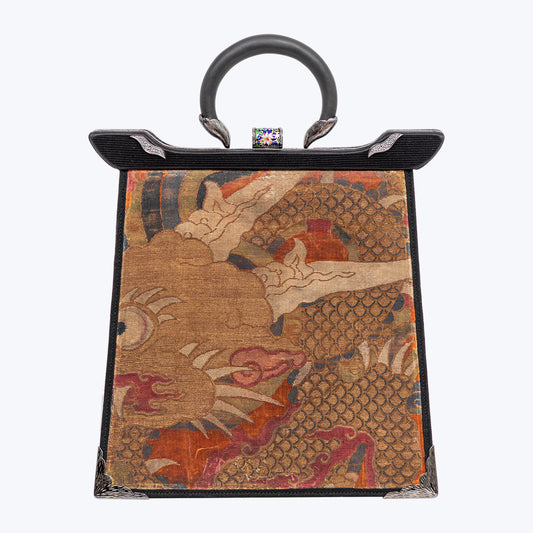 Antique Textile Handbag with Cloisonne, Diamond and Black Wood