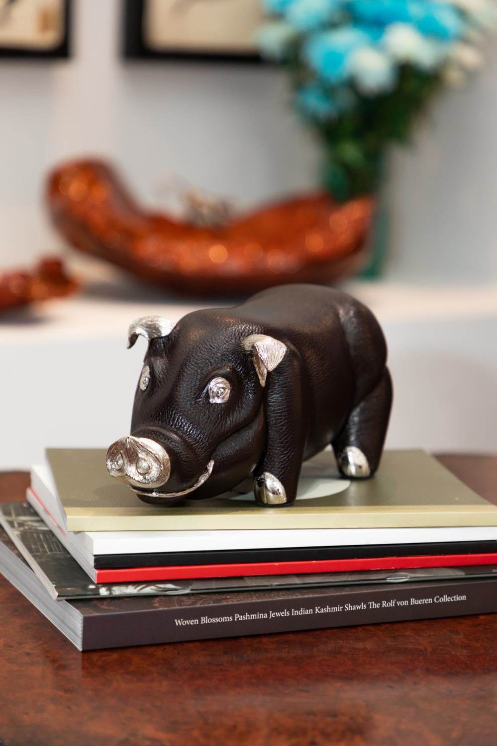 Brown Leather Pig Paperweight/Bookend