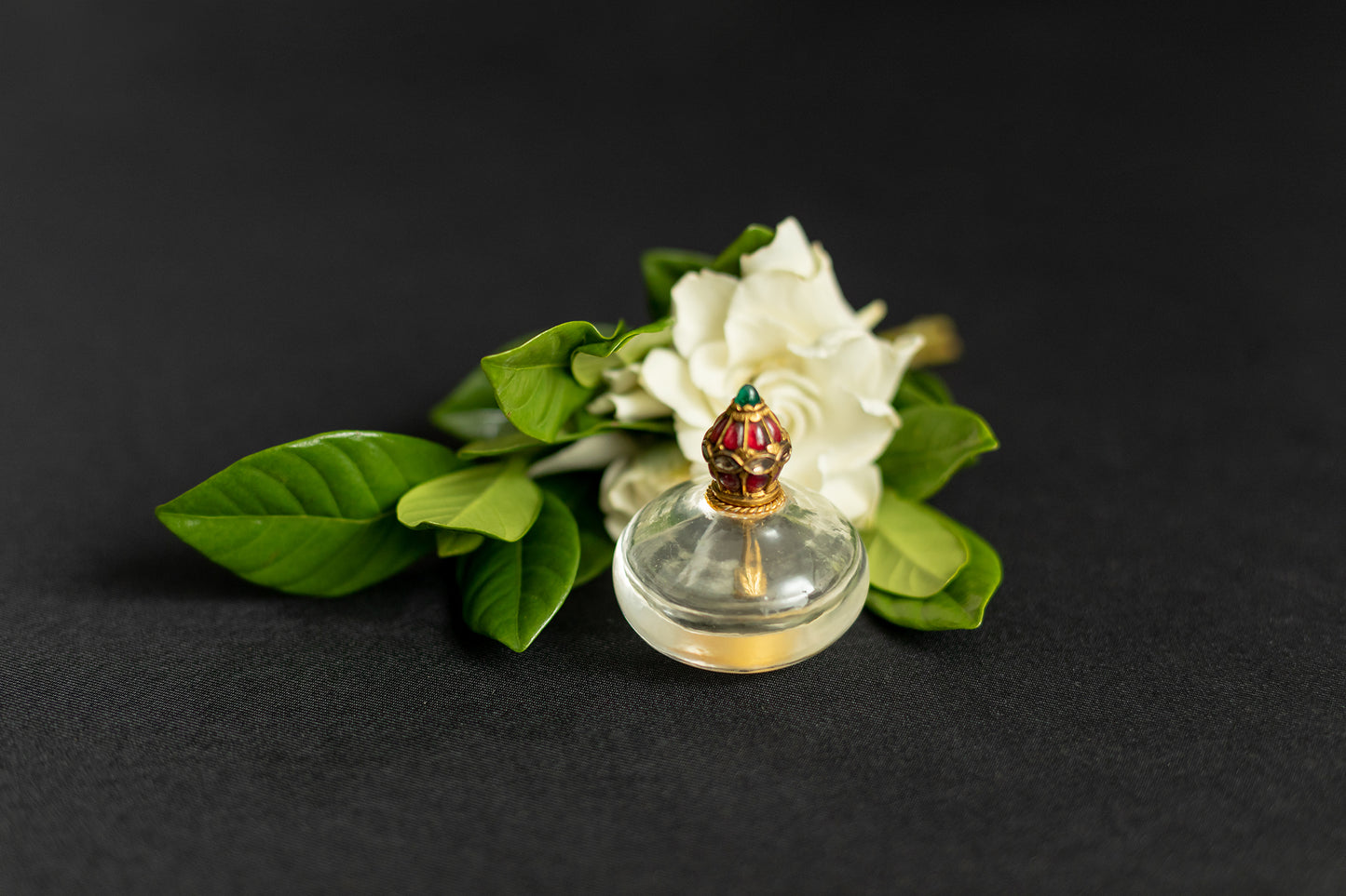 Rock Crystal Perfume Bottle set with Natural Burmese Cabochon Rubies