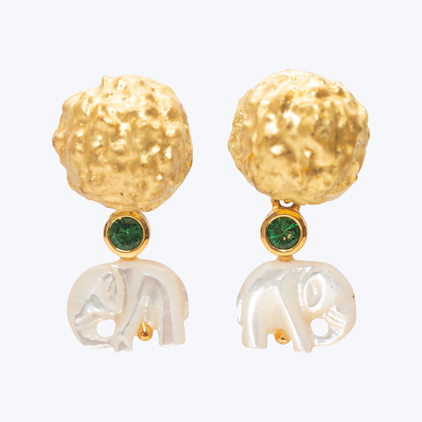 Prayer Bead Earrings with Carved Mother of Pearl Elephants