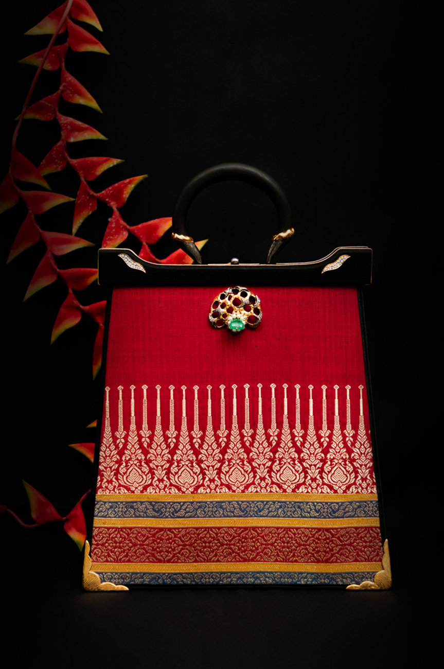 Silapacheep Textile Handbag with Lotus, Emerald and Diamond