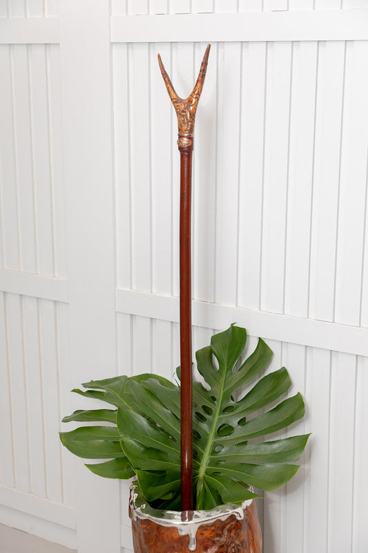 Double Horned Carved Mahogany Walking Stick