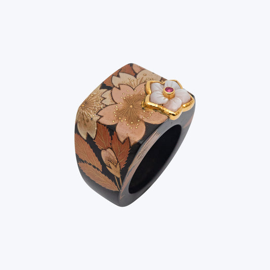 Cherry Blossom Ring with Mother of Pearl and Ruby Flower