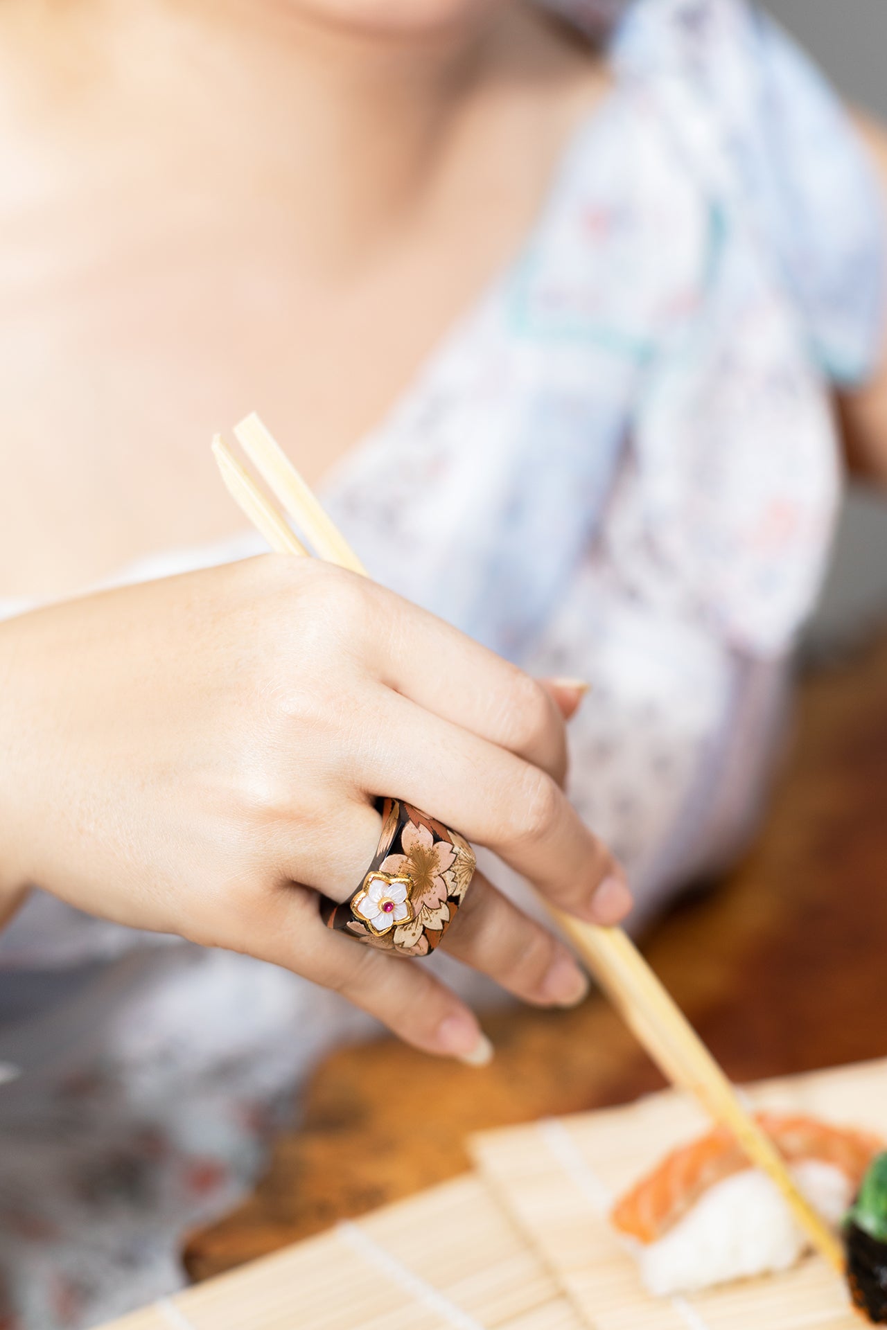 Cherry Blossom Ring with Mother of Pearl and Ruby Flower