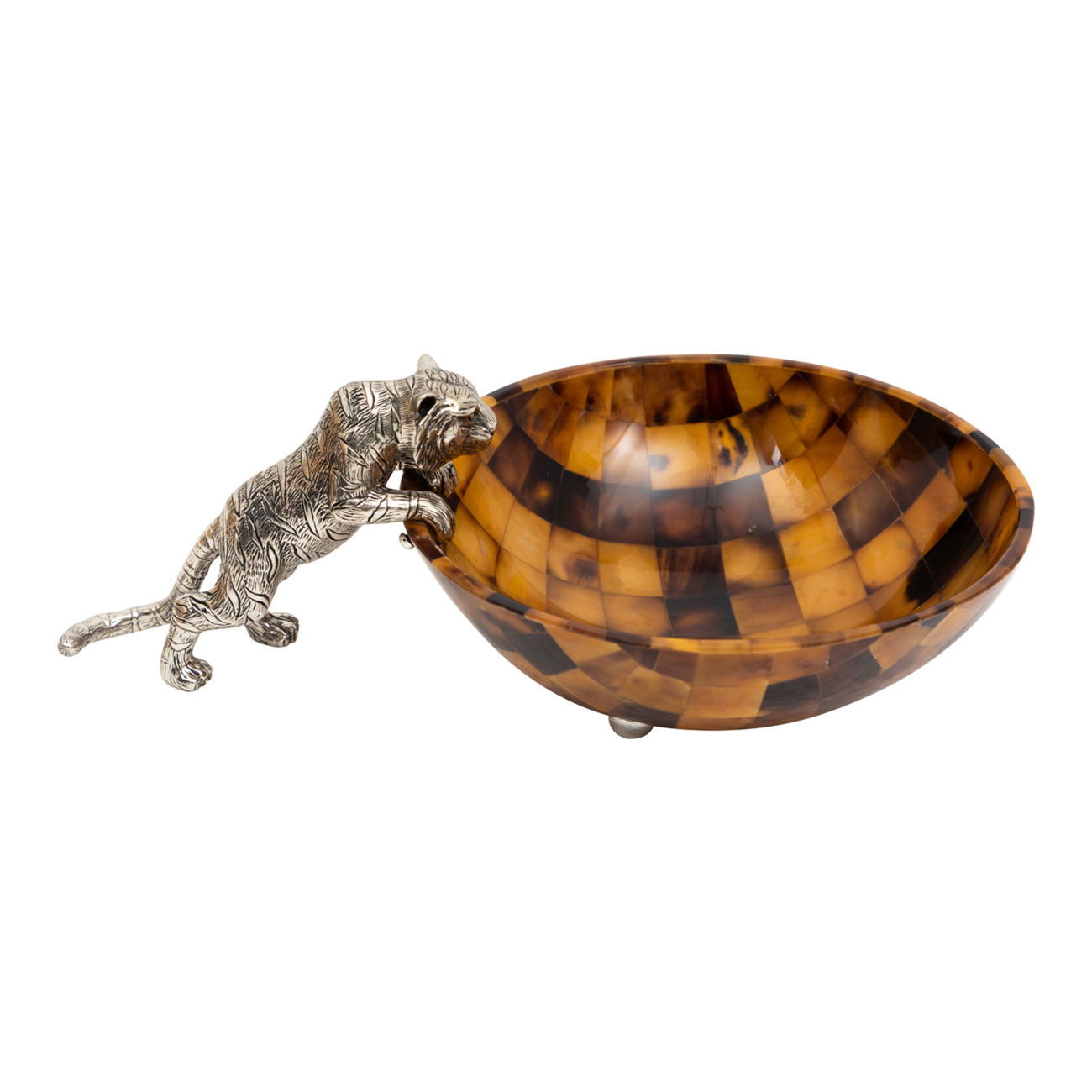 Brown Shell Bowl with Pouncing Silver Tiger