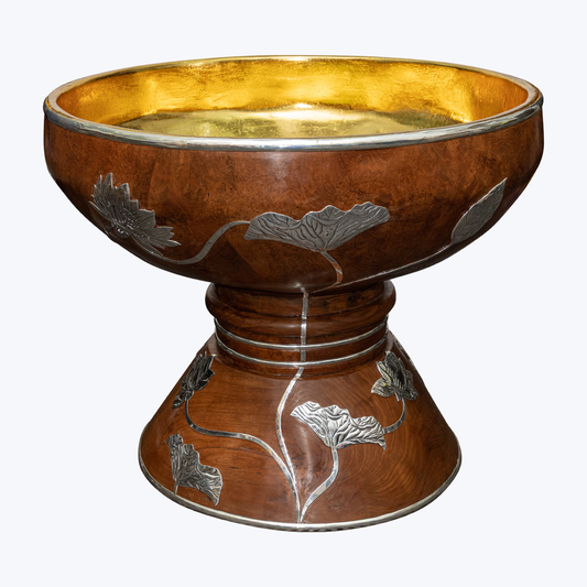 Teak Fruit Bowl with Silver Lotus Motifs