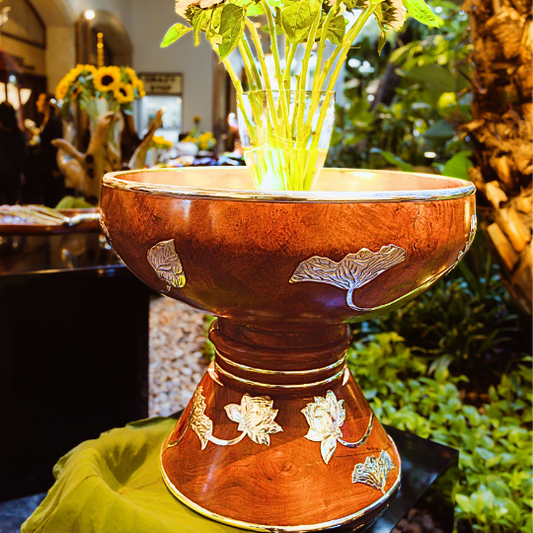 Teak Fruit Bowl with Silver Lotus Motifs