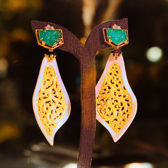 Carved Nautilus Shell Earrings with Emeralds and Diamonds