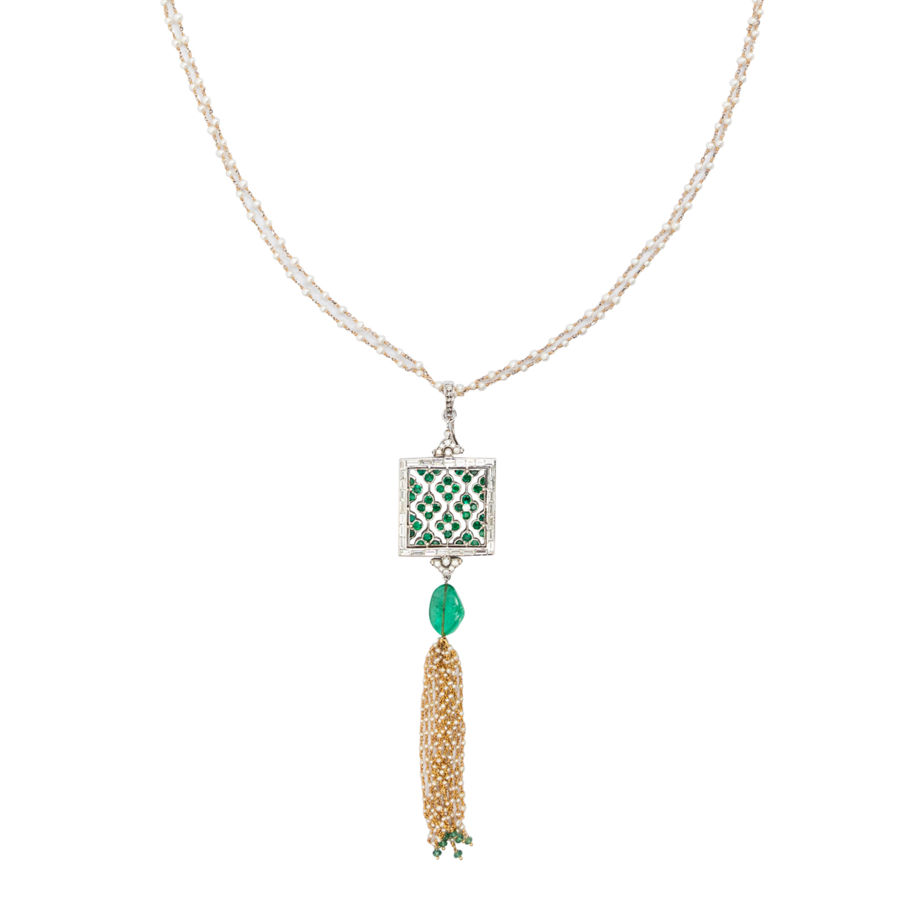 Framed Emerald Flower Necklace with Basra Pearl & Diamond