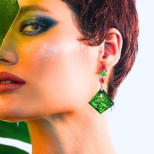 Flying Kite Jade Earrings with Diamonds, Emeralds, and Rubies