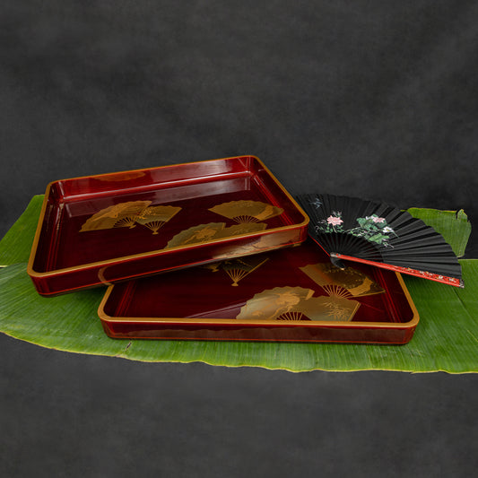 Japanese Lacquer Tray Set with Fan Motifs ( 2pcs/set )