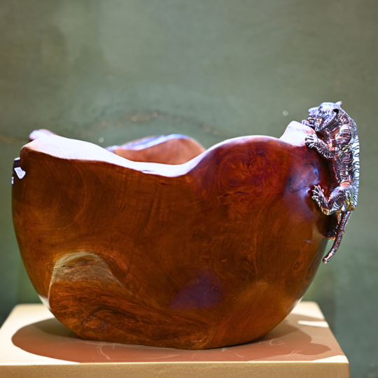 Teak Bowl with Silver Climbing Tiger