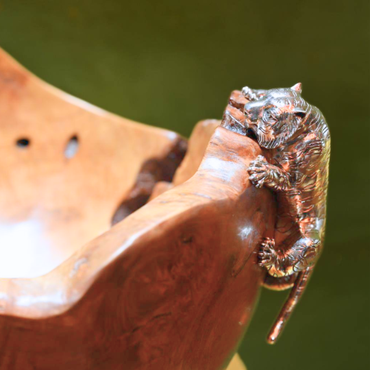 Teak Bowl with Silver Climbing Tiger