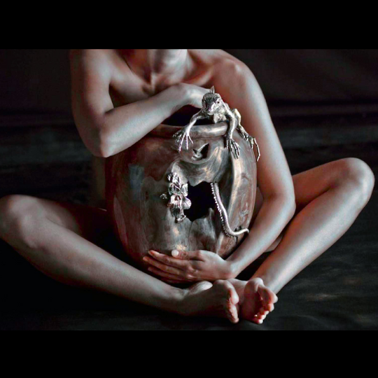 Teak Wood jar with Silver Iguana