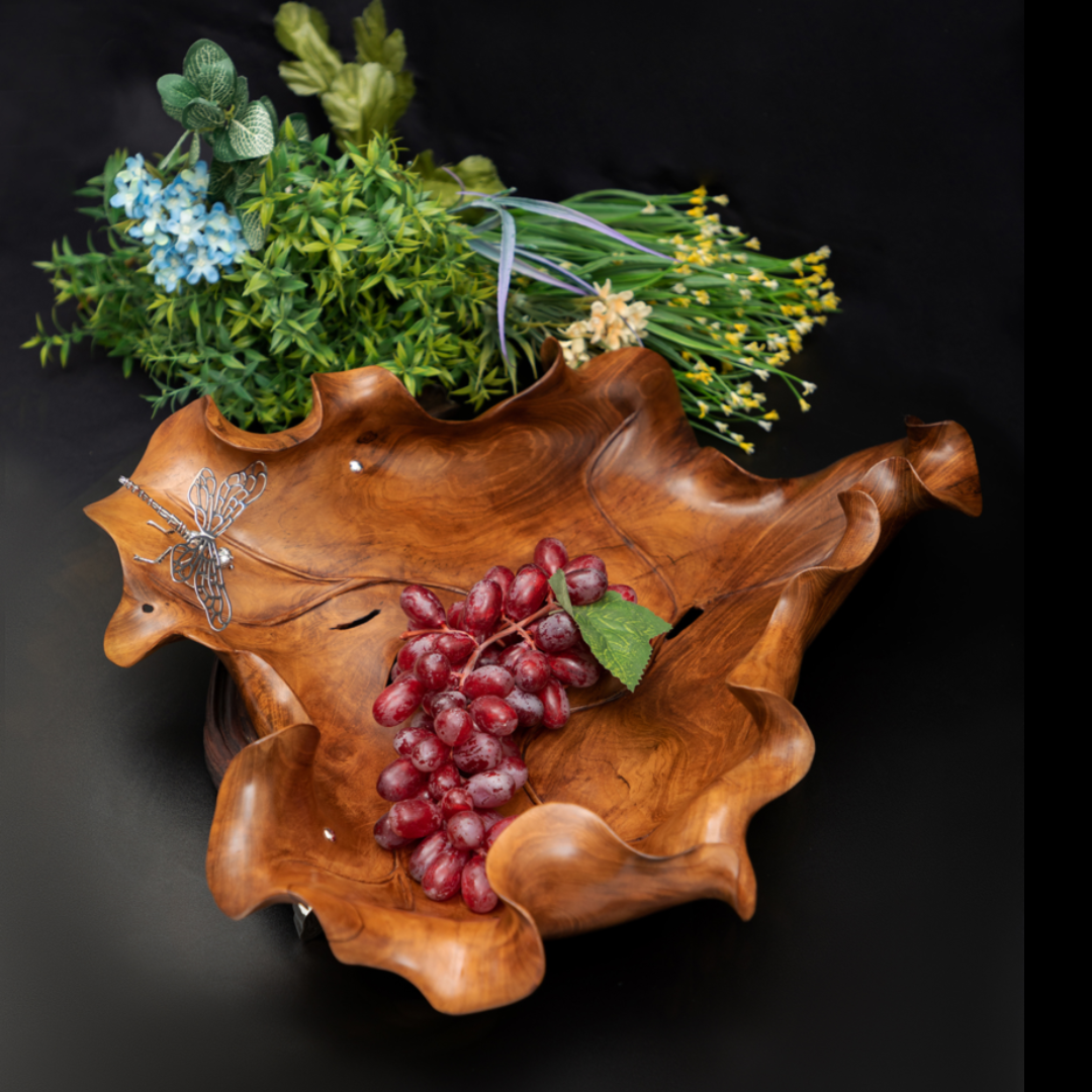 Carved Teak Wood Leaf Bowl with Silver Dragonfly