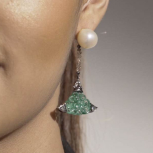 Carved Jade Earrings with Pearl & Diamond