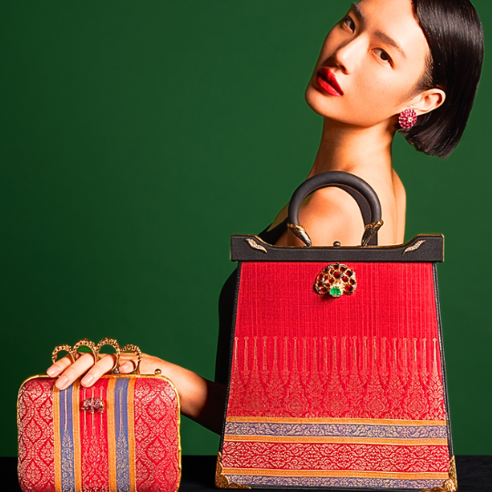 Silapacheep Textile Handbag with Lotus, Emerald and Diamond