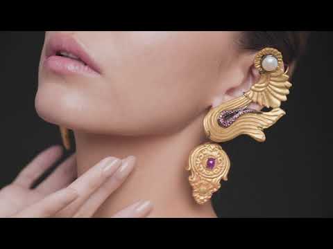 Carved Coconut Earrings with Pearl & Rubies