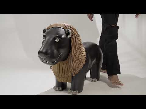 Brown Leather Lion Stool